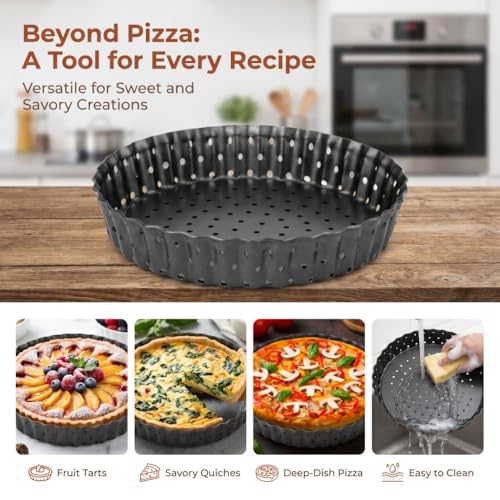 Carbon Steel Tart Pan with Removable Bottom - Nonstick Perforated Deep Dish Baking Pan for Quiche Pie Pizza Black(8 in) - size: 8 in