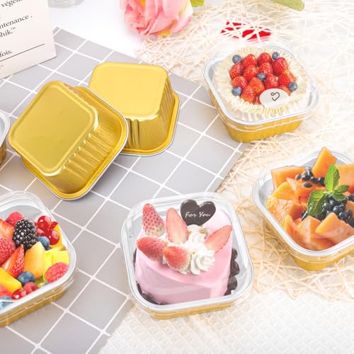 60Pack 5oz Gold Mini Cake Pans with Lids Baking Cups Aluminum Foil Pans Tins, Individual Dessert Cups Containers for Sales,Party,Picnics - color: Gold