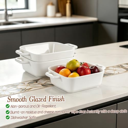 6 Inch Small Baking Dish, 17oz Individual Casserole Dishes with Handles, Deep Non Slip Base Stackable Bowls, Square Ceramic Baking Ramekins for Kitchen, Roasting & Meal Prep, Set of 3