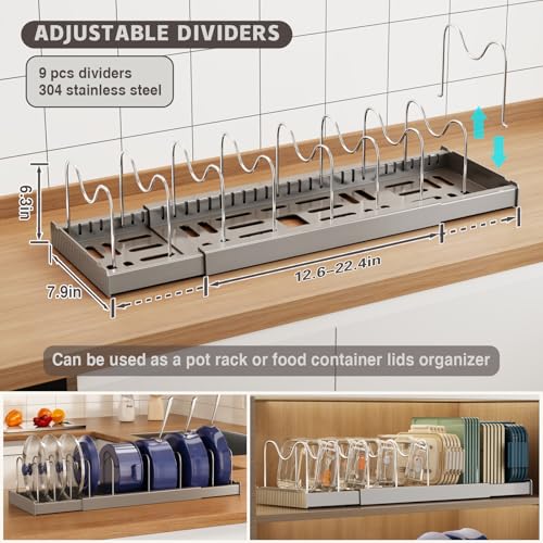 Magheo Expandable Food Storage Container Lid Organizers, 22" Pots and Pans Organizer Under Cabinet with 9 Adjustable Dividers Pot and Pan Lid Holders Rack Inside Cabinet(Gray,1 Pack) - color: Gray, size: (1 Pack)22.4"D x 7.9"W x 6.3"H