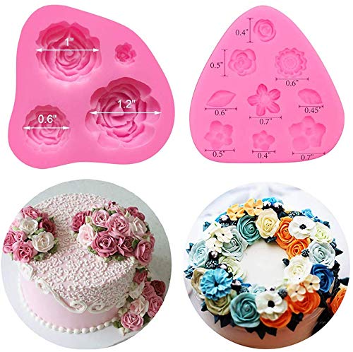 4Pcs/Set Mini Flower & Leaf Fondant Molds, Rose Daisy Sunflower Silicone Gumpaste Molds for Cake Cupcake Topper Decoration Small Leaves Chocolate Candy Polymer Clay Resin Crafting Projects Tools