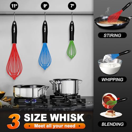 Walfos Whisk,7+9+11in Silicone whisk, BPA free Whisks for Cooking Non Scratch. Heat Resistant(480°F) Wisk. Perfect for Blending, Mixing, Beating etc.Dishwasher Safe.Set of 3 (Colorful) - color: Red+Blue+Green
