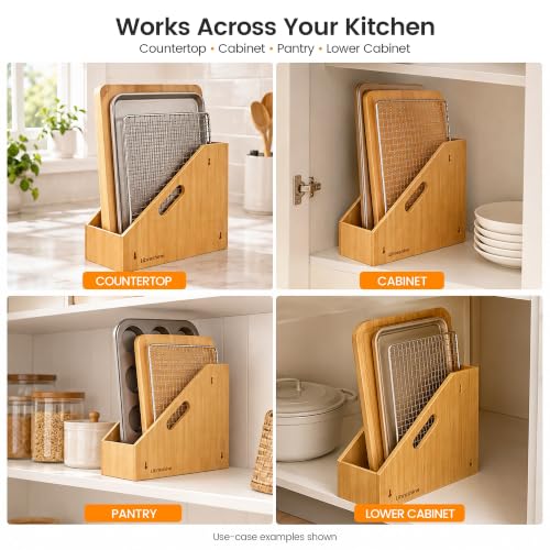 Libreshine Slim Bamboo Cutting Board Holder & Baking Sheet Organizer