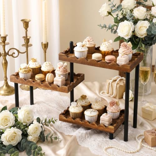 3 Tier Serving Tray & Wood Display Risers for Party,Rotatable Cupcake Stand