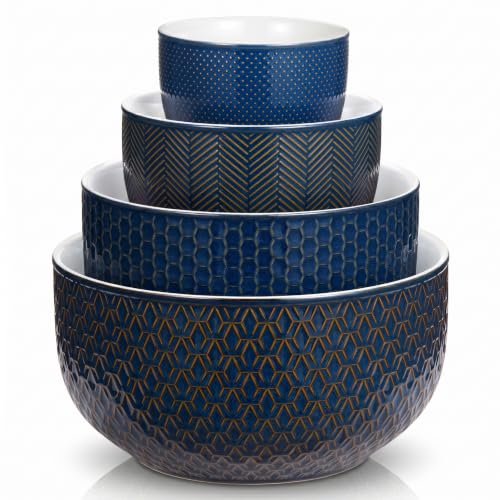 KooK Ceramic Nesting Bowls, Embossed, Oven Safe, Set of 4, Midnight Blue - color: Midnight Blue