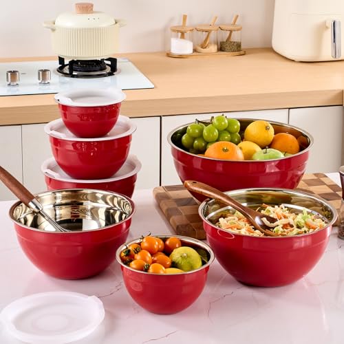 Red Mixing Bowls with Airtight Lids, Stainless Steel Nesting Mixing Bowls Set of 7, Ideal for Baking, Prepping and Serving Food, Size 7, 3.6, 2.7, 2.1, 1.5, 1.1,0.8 QT, Stackable Design - color: Red, size: 7 Pieces