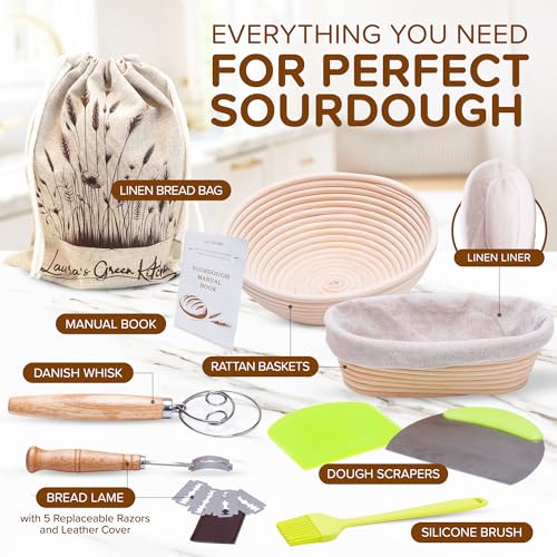 Laura's Green Kitchen Complete Sourdough Starter Kit – Sourdough Bread Baking Supplies with 2 Banneton Bread Proofing Basket, Linen Liners, Bread Lame, 5 Bread Blade for Scoring Dough, Scraper & More