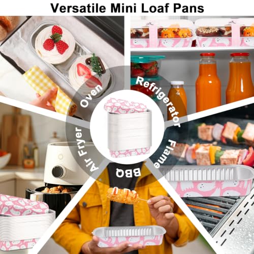 FYSUIMU 100 Pcs Halloween Mini Loaf Pans with Lids and Forks Pink Ghost Mini Cake Pans 6.8 Oz Rectangular Aluminum Foil Baking Container Muffin Cupcake Cups for Trick or Treat Party Picnic Supplies - color: Pink Ghost