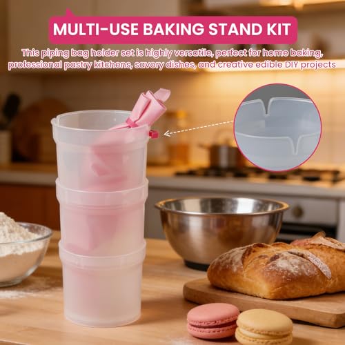 Piping Bag Holder Stand, Clear Cream Icing Bag Holder with 2 Pack 14 Inch Reusable Piping Bags, 5Pcs Pastry Bag Ties, 1 Couplers and 6 Tip for Home Bakers & Professional Chefs