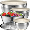 Nicdiet Mixing Bowls with Airtight Lids, Stainless Steel Mixing Bowl Set with 3 Metal Nesting Bowls, Colander & Grater, Non-Slip Bottoms, Size 1.5, 2.5, 5 QT, Great for Mixing & Serving, Khaki - color: Khaki