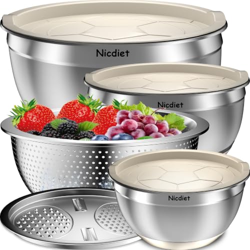 Nicdiet Mixing Bowls with Airtight Lids, Stainless Steel Mixing Bowl Set with 3 Metal Nesting Bowls, Colander & Grater, Non-Slip Bottoms, Size 1.5, 2.5, 5 QT, Great for Mixing & Serving, Khaki - color: Khaki