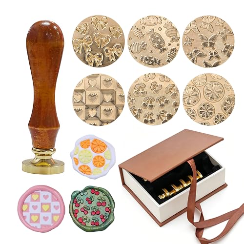 6-Piece Cute Wax Seal Stamp Set – Full-Coverage Pattern Collection with Solid Brass Heads & Wooden Handle – Kawaii Candy Cherry Butterfly Designs for Cards, Envelopes & DIY Crafts
