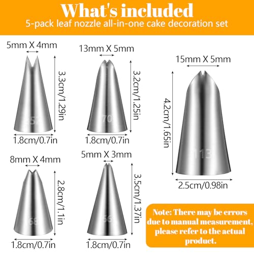 5pcs Leaf Piping Tips, Cake Decorating Tube Tips Set Leaf Shape Piping Tip for Cupcakes Stainless Steel Icing Nozzles for Pastry Fondant DIy Baking Tools Flower Nails Cake Decorating Tools