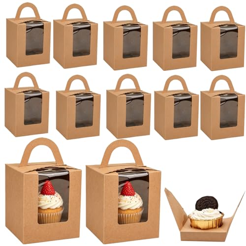 120 Pack Single Cupcake Box, Kraft Paper Individual Cupcake Container with Window Inserts, Brown Cupcake Packaging Box with Handles for Muffin, Cocoa Bomb, Party Favor Pastry Treat Boxes