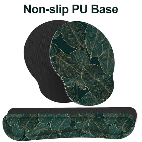 Ergonomic Mouse Pad with Wrist Rest and Keyboard Wrist Rest, Mousepad - color: Green Palm Leaf
