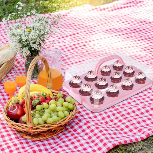 Cake Carrier with Lid, Cake Holder Cupcake Container for 12 Cupcakes 2 in 1 Portable Dessert Container for Pie Muffin Cobbler (Pink) - color: Pink
