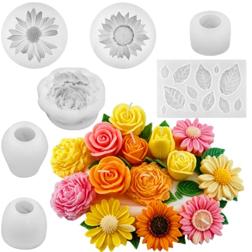 7 Pcs Flower Candle Molds with Leaf Molds, 3D Flower Silicone Mold - color: 7 Pcs Flower Candle Molds With Leaf Molds