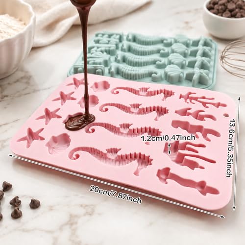 2 Pack Marine Theme Cake Silicone Mold Ocean Silicone Mold Ocean-Themed Baking Molds with Seahorse Starfish Seashell Coral Designs for Chocolate Candy Handmade Soap Resin Epoxy Fondant Ice Cube DIY - size: 17 Cavity