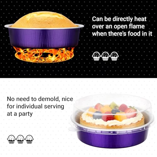Beasea 4 Inch Pie Tins with Lids, 50 Pack 7.3 Oz Disposable Mini Tart Tins, Aluminum Foil Baking Tins Small Round Muffin Container Mini Cheesecake Cups for Pie Tart Quiche - Violet Purple - color: Violet Purple