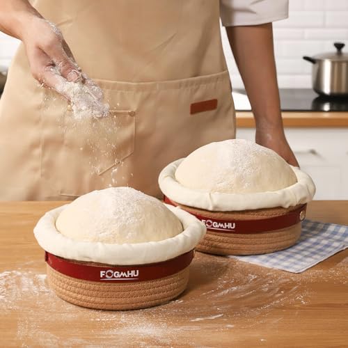 2-Pack Banneton Bread Proofing Baskets – Sourdough Starter Kit for Home Bakers, Cotton Rope Bannetons with Liners, Hanging Hooks & Dough Guide