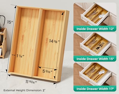 Bamboo Kitchen Drawer Organizer Set of 2, 15" x 6" Stackable Wood Tray - size: 15" x 6" x 2"