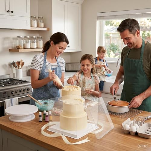 14x14x12 Clear PET Cake Boxes 30 Bulk Pack with Food-Grade Base & 6 Rolls Just For You Satin Ribbon, Wholesale Extra Tall Carrier for Bakeries, Large Multi-Tier Wedding Cakes & Gift Packaging - size: 14 inch