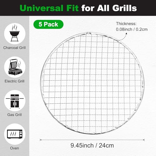 M METERXITY 5 Pack Disposable Grill Toppers, Round 9.45 Inch Galvanized Grill Grates, Disposable Roasting Racks Replacement for Outdoor, BBQ, Camping, Picnics - size: 9.45''