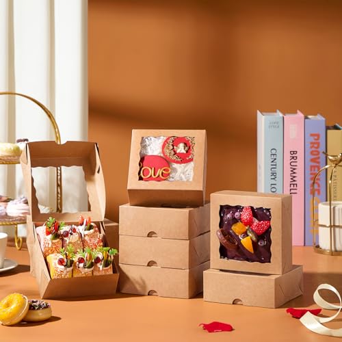 50 Pcs Bakery Boxes - 5x5x2 Inch with Window - Cookies, Mini Cakes, Chocolate Covered Strawberries, Macarons, Pies & Brownie Boxes - color: Brown