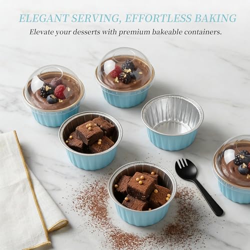 100-Pack 5 oz Mint Blue Mini Cake Pans with Lids, Disposable Aluminum Foil Baking Cups, Muffin Tins, Ramekins for Cupcakes, Brownies, Flan, Pudding - Baby Shower, Bridal Shower & Birthday Party - color: Mint Blue