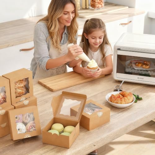 50Pcs 6x6x3 Inch Cookie Boxes with Window, Boxes for Baked Goods - size: Medium-Brown