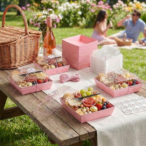 50 Pack 5in Small Charcuterie Boxes with Clear Lids, Mini Paper Containers - color: Pink