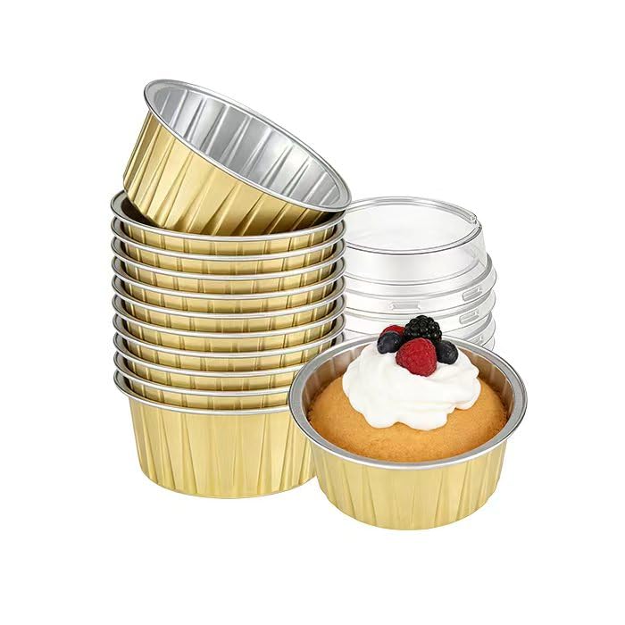 50pcs Aluminum Foil Baking Cups with Lids, 5oz Disposable Ramekins Cupcake Liners, Tart Pie Tin Pan Holder, Mini Cake Containers for Pudding, Souffle, Party, Wedding (Gold)