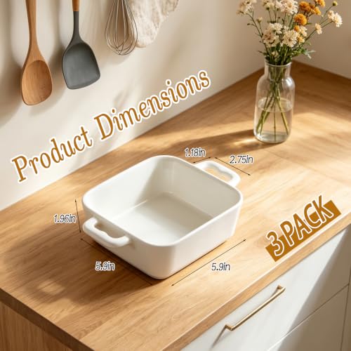 6 Inch Small Baking Dish, 17oz Individual Casserole Dishes with Handles, Deep Non Slip Base Stackable Bowls, Square Ceramic Baking Ramekins for Kitchen, Roasting & Meal Prep, Set of 3