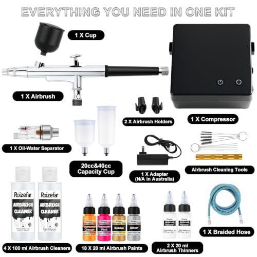 Roizefar Airbrush Kit with Compressor & 18 Colors, Cleaners with Thinner