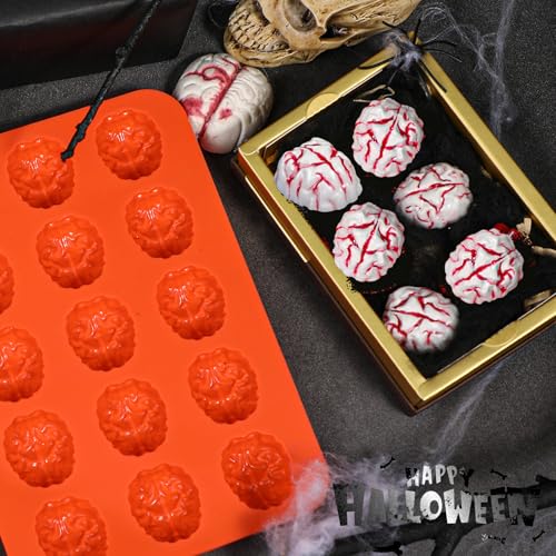 Webake Brain Chocolate Mold, Bite Size Halloween Brain Silicone Molds 15-Cavity for Halloween Plaster, Chocolate, Candy, Jello, Cupcake, Treats, Pack of 2 - style: Brain