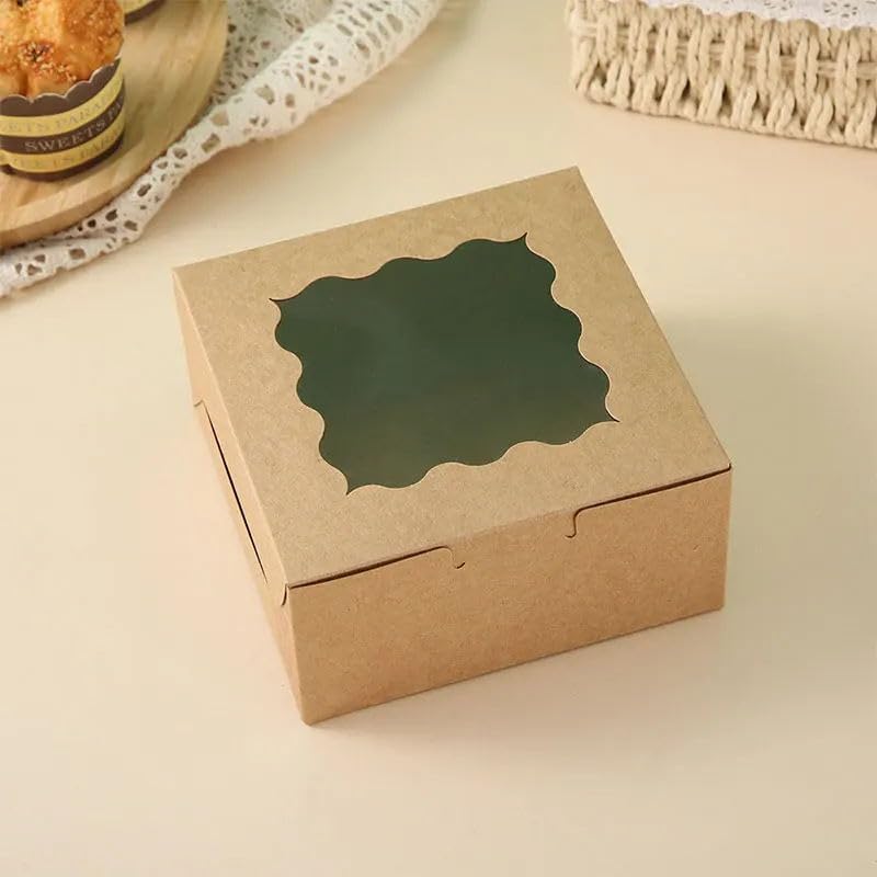 JIYIXHylera 48Pcs 6x6x3 Inch Brown Kraft Bakery Boxes with Clear Window, Small Cake Cookie Pastry Treat Boxes for Dessert Cupcakes Pies Chocolates Party Favors