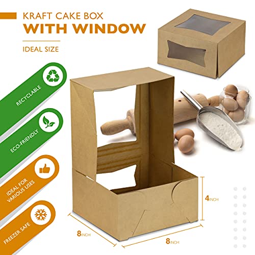 Fit Meal Prep 25 Pack Cake Boxes with Window 8x8x4 Auto Pop-Up Bakery Containers for Dessert, Cookies, and Pastry Gift Treat Box for Packaging Cake Carrier for Valentine's Day, Christmas Kraft