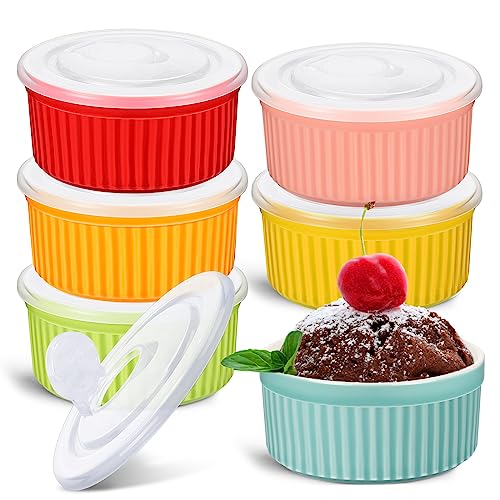 6 Sets Porcelain Ramekins with Lids 8 oz Oven Safe, Multi Colors - color: Multi Colors