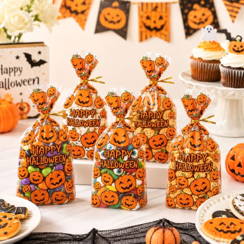 NPLUX 100 Pack Halloween Treat Bags,Twist Ties,Pumpkin Face,6x10x2.4 in - color: Halloween02