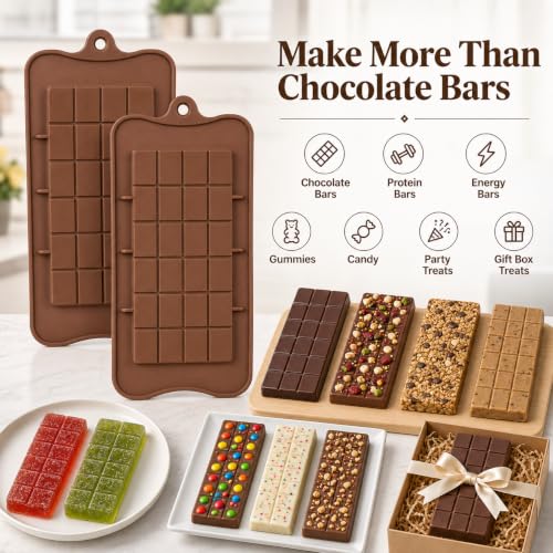 2 Pack Thin Break Apart Chocolate Bar Silicone Mold, Non-Stick Candy Bar Molds for Homemade Chocolate, Protein Bars, Energy Bars, Gummies & Candy - style: Bar