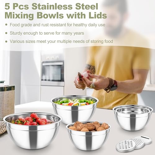 TeamFar Mixing Bowls, Stainless Steel Salad Serving Bowl with Clear Lids - color: Khaki