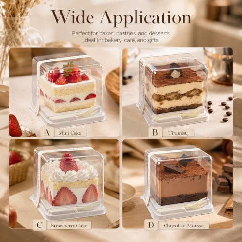 100 Pieces Cake Slice Plastic Containers with Disposable plastic fork and Stickers,4.3 Inches Hinged Lid Cheese cake Container,Cupcake containers,individual cupcake containers, Bakery and Cafe