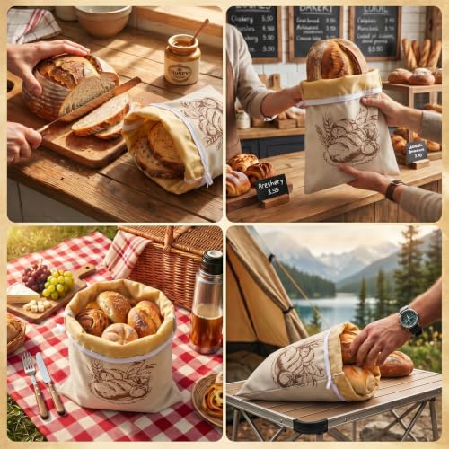 4-Pcs XL Beeswax Bread Bag Set: 2 Bags, Bowl Cover & Cleaning Sponge - color: Bread