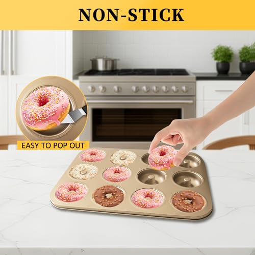 Donut Pans 2 Pack, 12 Cavity Nonstick Doughnut Trays, Gold