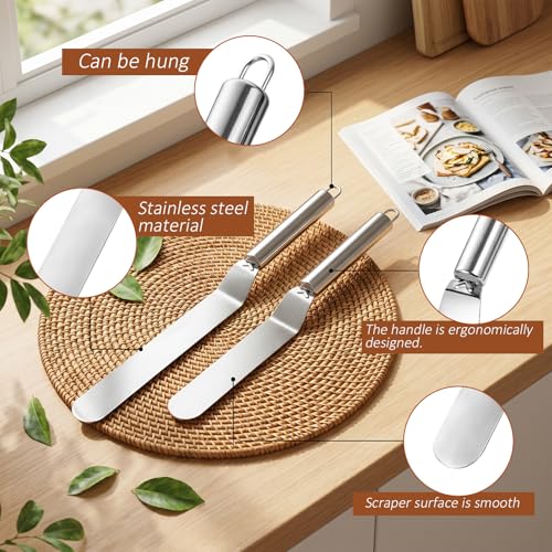 2 Pcs Cake Frosting Spatula Set, 6" & 8" Stainless Steel Icing Spatula for Cakes - Small Offset Spatulas for Cake Decorating, Baking Tools (Silver)