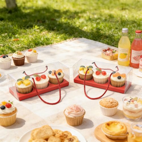 20pcs Clear Cupcake Boxes with Handle Women's Day Cupcake Container Transparent Bakery Cake Boxes Plastic Cake Carrier Baked Dessert Box for Wedding Party Favor (red) - color: Red