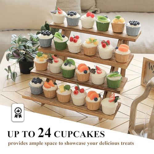 Swallowliving 2pcs Wooden Rustic Cupcake Stand for 24 Cupcakes, Stepped Wood Display Stand for Weddings, Tiered Party Table Display Riser for Food, Dessert, Cookie, Decor, Craft Show, Burnt - color: 2pcs | Burnt | 4-tier