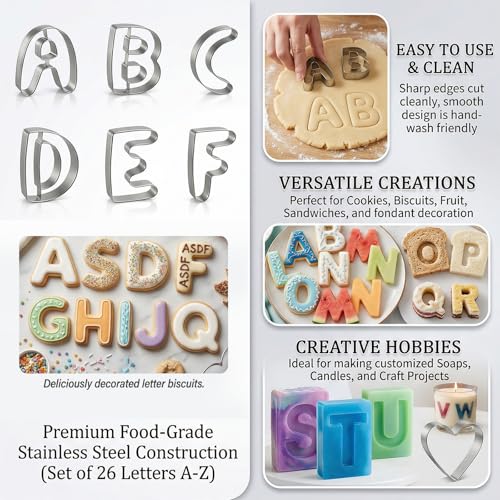 Alphabet Letters Cookie Cutters Set Large 3 Inch, 26 Pcs Stainless Steel DIY Cookie Cutter Set Baking Fondant Biscuit Fruit Dough Mold Tools for Birthday Christmas New Year Holiday Party Decorations
