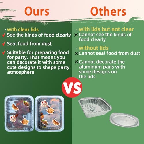 YLT WAX 9x13 Disposable Aluminum Foil Pans with Clear Lids (10 Pack), Durable Half Size Deep Extra Heavy Duty Food Containers for Baking, Cooking, Roasting, Heating or Steam Table