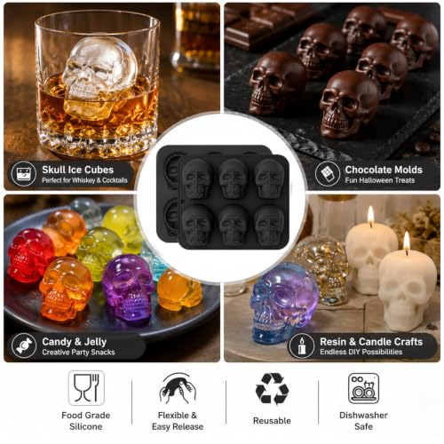 2Pcs Skull Silicone Mold, 6-Cavity 3D Large Skull Cake Pan Molds Halloween Silicone Molds for Baking Chocolate, Candy, Cake Decoration, Resin Casting